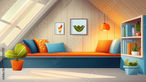 Cozy attic reading nook with orange cushions, blue pillows, modern shelving, and warm lighting