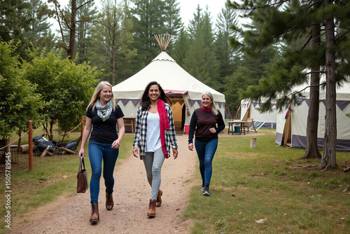Three women walking towards a luxurious glamping resort with white canvas tents