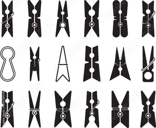 Collection of various clothespin designs black silhouettes