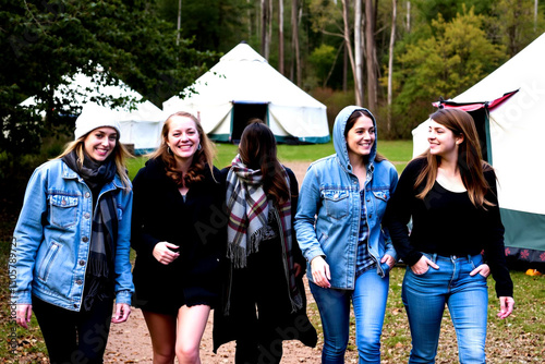 Four young women laughing together on a camping trip in a wooded area