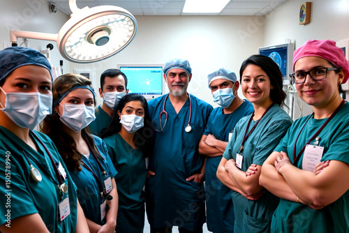 Medical team in scrubs and masks posing confidently in a modern operating room setting