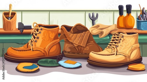 Old leather shoes with visible patches and repair tools on a wooden workbench in cobbler setting