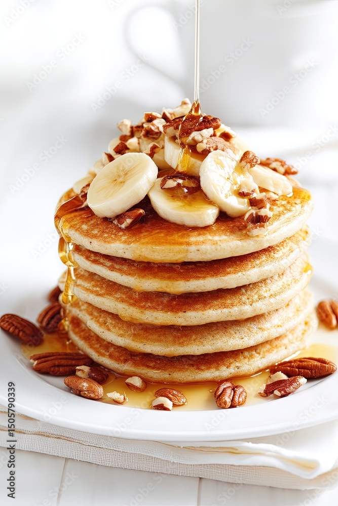 Whole grain pancakes topped with nuts, banana slices and honey drizzle, healthy breakfast on white background Whole grain pancakes topped with nuts, banana slices and honey drizzle, healthy breakfast on white background