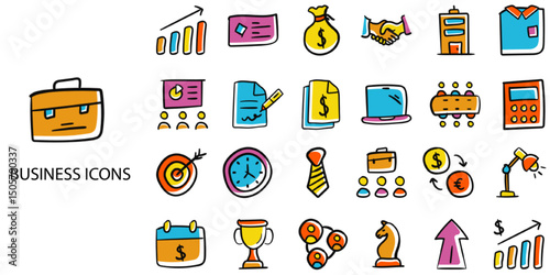 Business simple concept 24 hand drawn color icons set .Vector illustration.