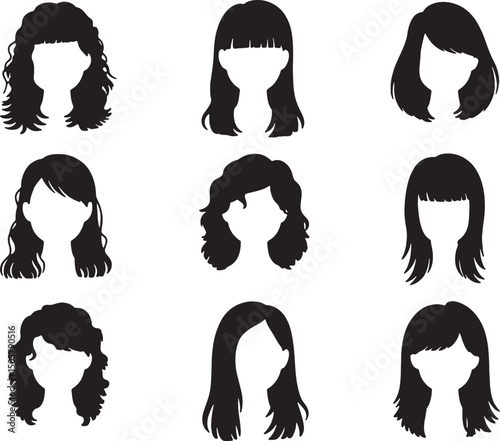 Nine silhouettes of women's hairstyles