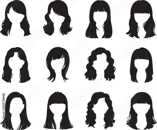 Twelve silhouettes of women's hairstyles various styles