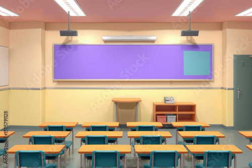 An empty classroom with a colorful purple and teal educational presentation background