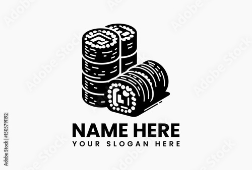 Minimalist black and white sushi roll and chopsticks vector logo for Japanese food branding  
