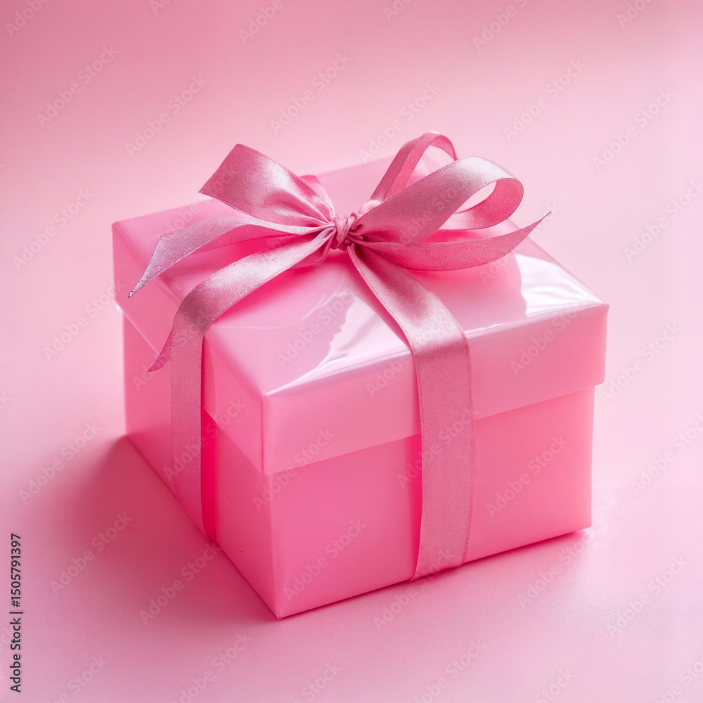 Fototapeta premium A beautifully wrapped pink gift box with a satin ribbon and bow, perfect for special occasions and celebrations.