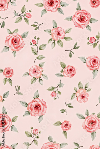  A delicate pattern of pink watercolor roses with green leaves on a soft pastel background, evoking timeless romance and vintage charm.