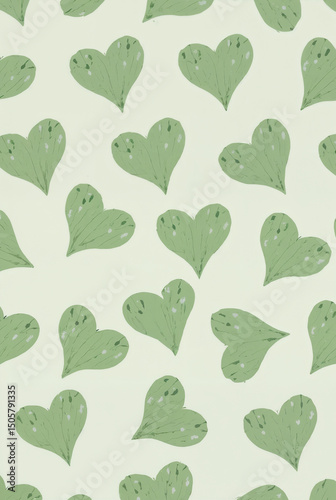 A soft cream background with a repeating pattern of green heart shapes, creating a cute and gentle aesthetic.