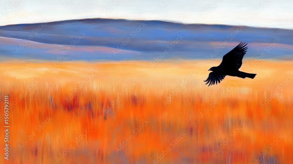 Fototapeta premium Silhouette of a bird flying over an autumnal field and distant mountains.