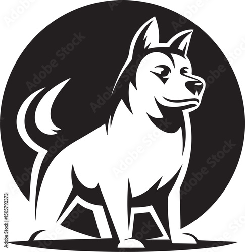Cheerful dog silhouette with a proud stance inside a dark circle. Great for positive pet branding, companion animal logos, or upbeat marketing.