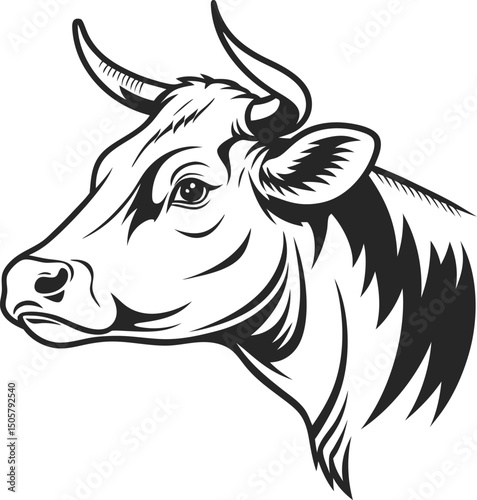 Minimalist Black and White Cow Head Vector: Bold Monochrome Illustration on Transparent Background