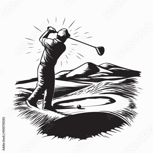 Golfer Hitting Ball On Beautiful Golf Course Silhouette vector isolated on white background.
