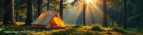 Crisp morning air fills a canvas tent pitched amidst towering pines, sunlight dappling through the leaves The scene evokes serenity and the escape of nature , peaceful, nature, camping