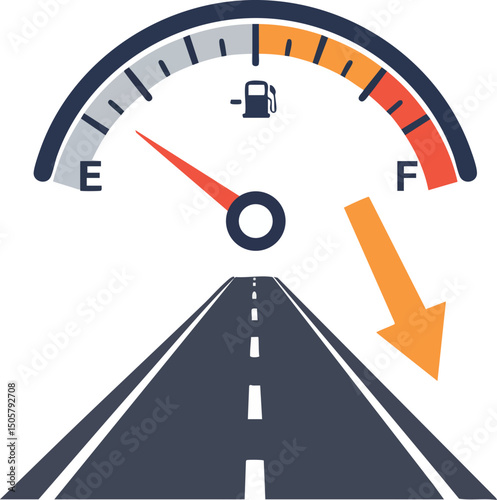 Fuel gauge with road illustration showing low fuel warning and orange arrow vector design 