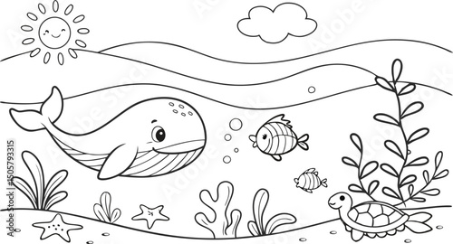 Ocean theme coloring page for kids. you can print it on standard paper. High resolution (300 DPI), ready to print on standard With No Bleed, Black and White Vector illustration AI, EPS, PNG, JPEG. 