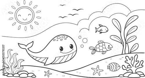 Ocean theme coloring page for kids. you can print it on standard paper. High resolution (300 DPI), ready to print on standard With No Bleed, Black and White Vector illustration AI, EPS, PNG, JPEG. 