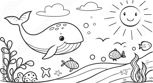Ocean theme coloring page for kids. you can print it on standard paper. High resolution (300 DPI), ready to print on standard With No Bleed, Black and White Vector illustration AI, EPS, PNG, JPEG. 