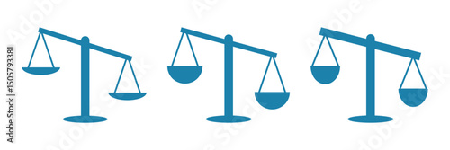 Scale icons set. Scales of justice, vintage scale in balance and equilibrium, libra.