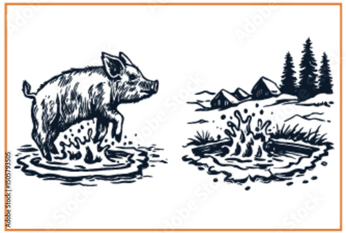 Playful Pig Splashing in Watercolor Style with Scenic Background