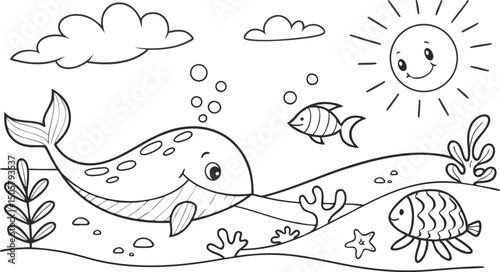 Ocean theme coloring page for kids. you can print it on standard paper. High resolution (300 DPI), ready to print on standard With No Bleed, Black and White Vector illustration AI, EPS, PNG, JPEG. 