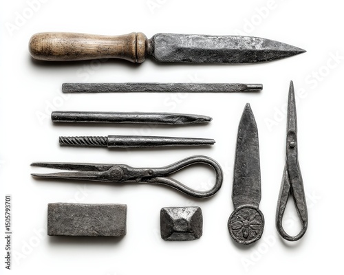 Antique blacksmith tools on white background.