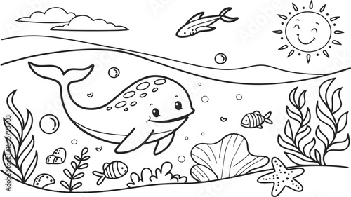 Ocean theme coloring page for kids. you can print it on standard paper. High resolution (300 DPI), ready to print on standard With No Bleed, Black and White Vector illustration AI, EPS, PNG, JPEG. 