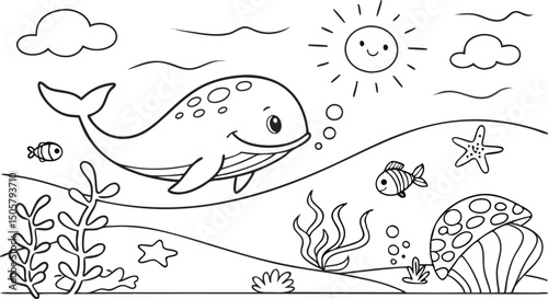 Ocean theme coloring page for kids. you can print it on standard paper. High resolution (300 DPI), ready to print on standard With No Bleed, Black and White Vector illustration AI, EPS, PNG, JPEG. 