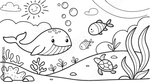 Ocean theme coloring page for kids. you can print it on standard paper. High resolution (300 DPI), ready to print on standard With No Bleed, Black and White Vector illustration AI, EPS, PNG, JPEG. 