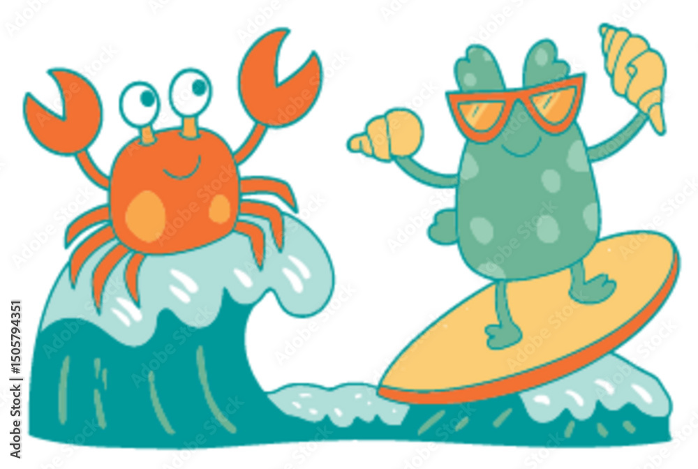 Fototapeta premium Playful Crab and Frog Characters on Surfboard by the Ocean Waves
