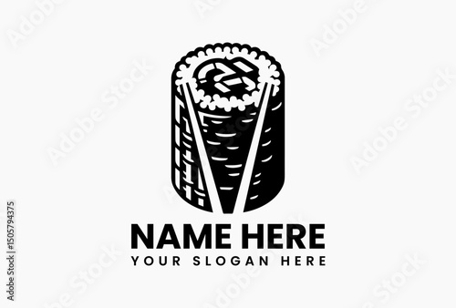 Elegant black and white vector graphic of a sushi roll with chopsticks for food industry designs  
