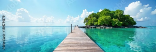 Tranquil scene of a small dock extending from a lush green island into calm, clear water Perfect for travel, nature, and serenity themes , lake, peaceful