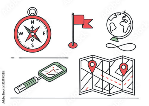 Navigation and Map Line Icons – GPS, Direction, and Location Symbols