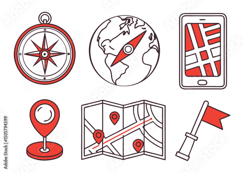 Navigation and Map Line Icons – GPS, Direction, and Location Symbols