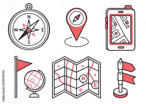Navigation and Map Line Icons – GPS, Direction, and Location Symbols