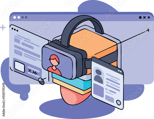 Virtual reality headset with augmented identity cards and user interface vector illustration 