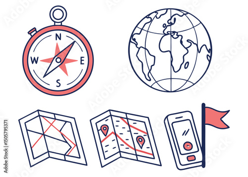 Navigation and Map Line Icons – GPS, Direction, and Location Symbols