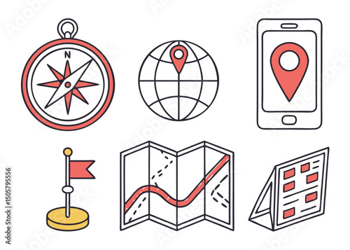 Navigation and Map Line Icons – GPS, Direction, and Location Symbols