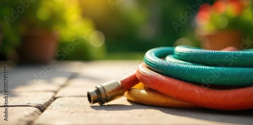 Close-up of a vibrant, multicolored garden hose coiled on a sun-drenched patio, ready for watering Perfect for summer projects and outdoor living imagery , vibrant, plants, bright colors