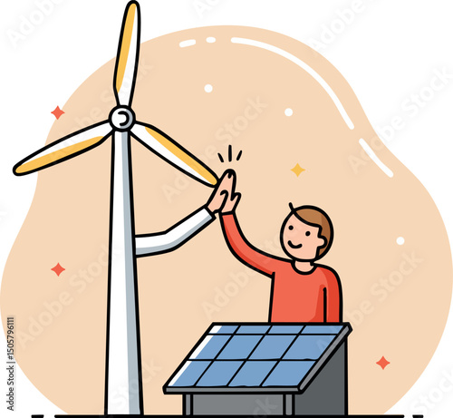 Renewable energy concepts with wind turbine and solar panel high five vector illustration 