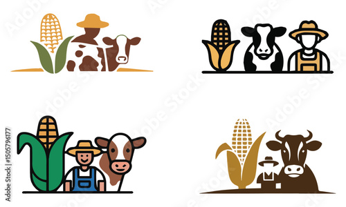 Farm Logo Set with Farmer, Cow, and Corn - Agricultural Icons for Organic Farming and Dairy Branding