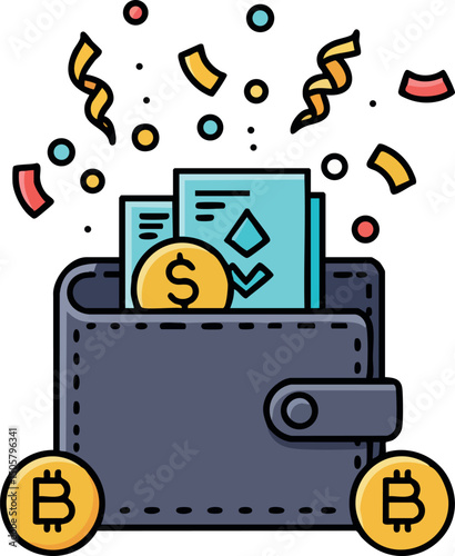 Digital wallet with bitcoin and financial documents vector illustration for cryptocurrency transactions 