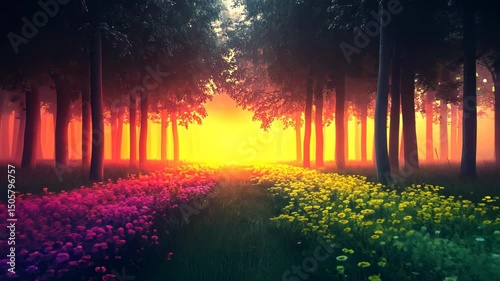 Magical rainbow forest path at sunset, vibrant flowers, mystical fog