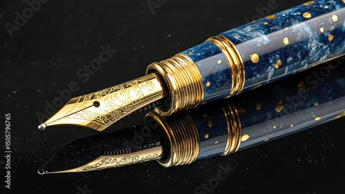 Closeup of elegant fountain pen with golden nib on reflective surface