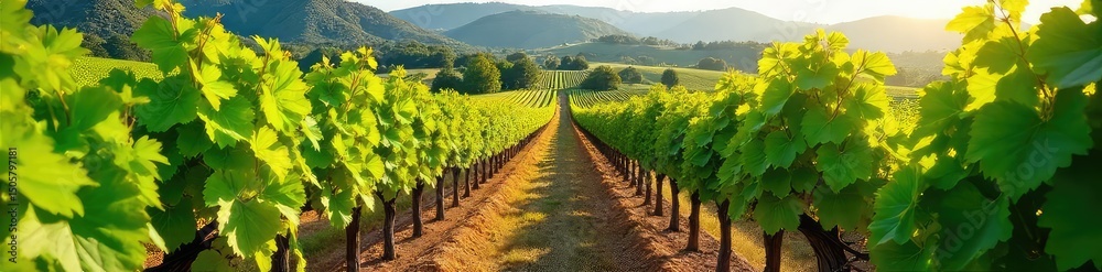 Obraz premium Rows of lush green grapevines stretching across a sunny hillside, ready for harvest The vibrant foliage contrasts beautifully with the rich earth Perfect for wine country themes , harvest, autumn