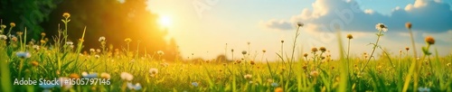 Golden hour sunlight bathes a tranquil summer scene Warm light illuminates lush green grass, wildflowers, and a calm, blue sky Perfect for relaxation and summer vibes , plants, season
