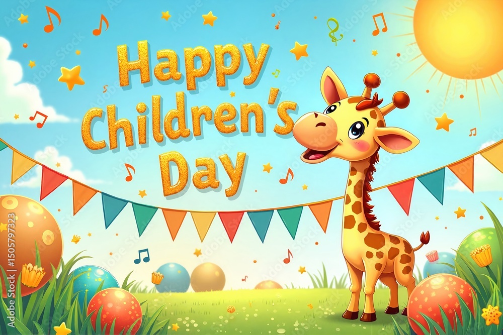 Obraz premium Cheerful Cartoon Giraffe Celebrating Children's Day Among Easter Eggs and Festive Flags
