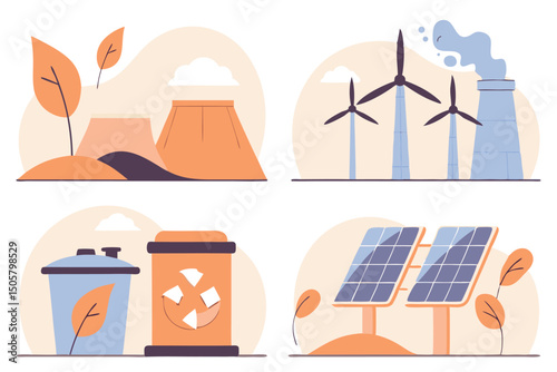 Conceptual illustration of renewable energy resources and environmental sustainability flat design elements.